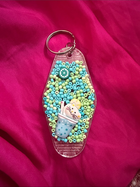 None Other - Cute Bead-Filled Cat Keychain in Aqua and Lime